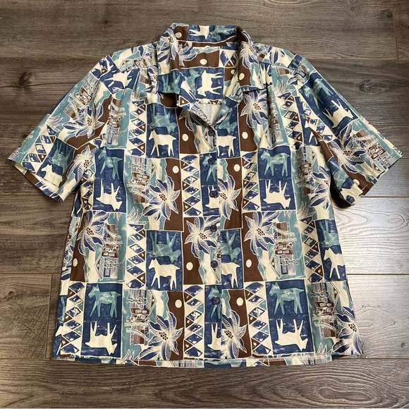Vintage linen button up shirt African batik print - Picture 1 of 6